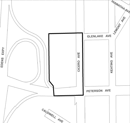 Peterson/Cicero TIF district, roughly bounded on the north by Glenlake Avenue, Peterson Avenue on the south, Cicero Avenue on the east, and the Edens Expressway on the west.